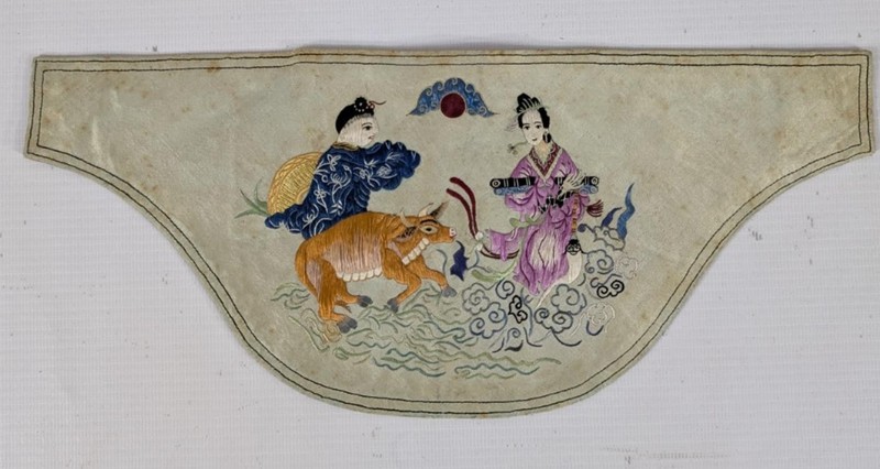 Antique Chinese Silk Embroidered Immortal & Deer Collar Panel 34x15cm