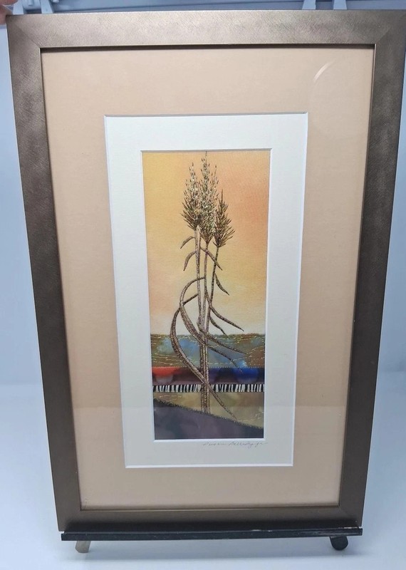 Textile Fiber Art Signed Framed Susan Szajer Embroidered Glass Double Mat 17x11"