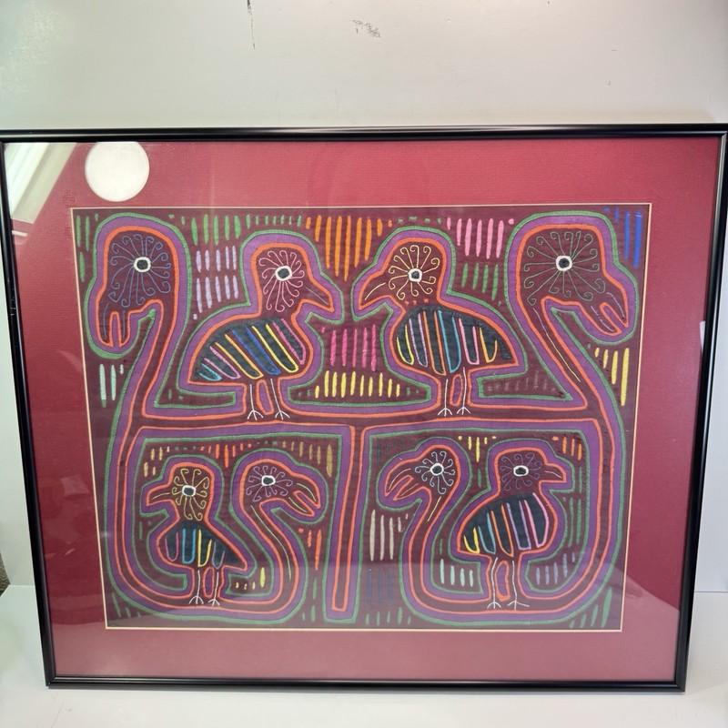 Vtg Kuna Mola Panama Framed Fabric Art Colorful Hand Stitched Birds 20.5”x17.5”