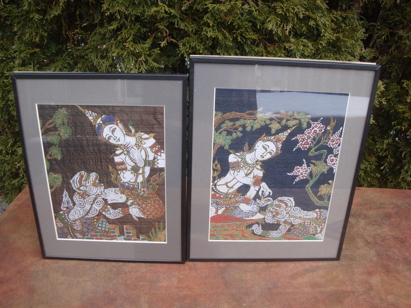 Set of 2 Vintage Framed Thai Paintings on Silk