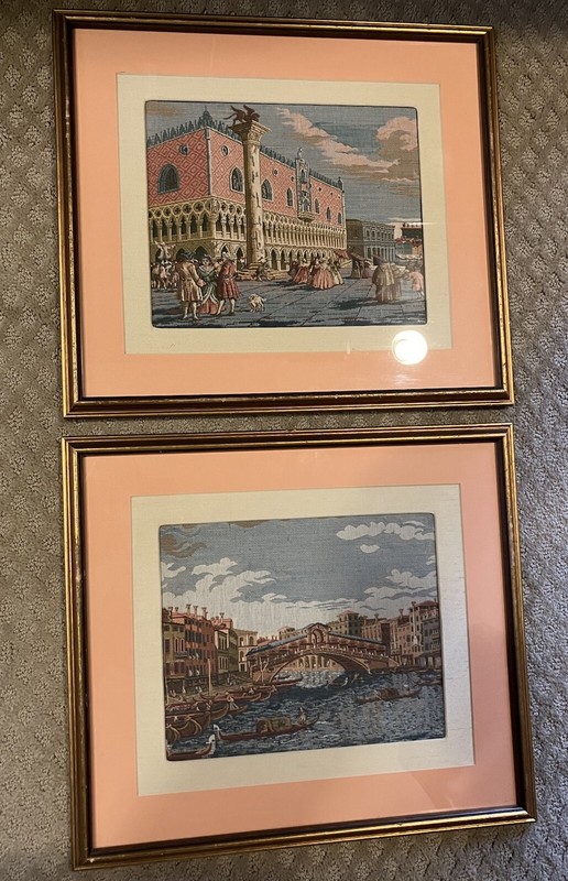 VTG Italian Venice Woven Tapestry Wall Art Gold Custom Frame 15” x 16” Set of 2