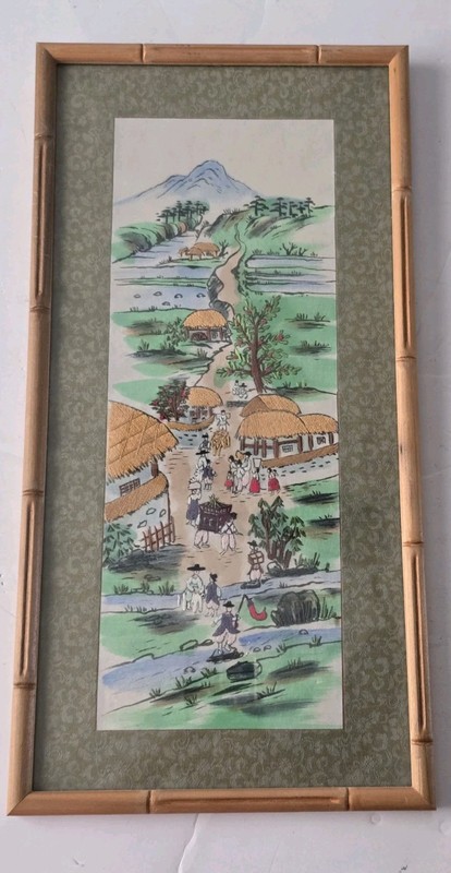 Vtg Korean Traditional County Lifestyle Two Panels Painted, Embroidered Framed gallery