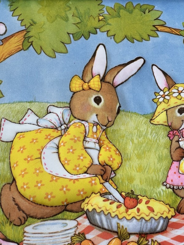 Vintage 3 -D Hand quilted Framed Bunny Family Picnic At The Pond 25” x19” gallery