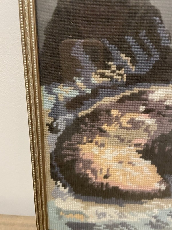 Vintage Needlepoint Tapestry Fox asleep cottagecore man cave framed picture gallery