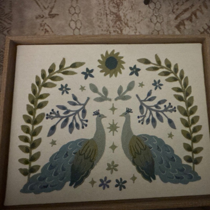Framed Embroidered Cotton Tapestry Peacocks Floral Folk Art Wall Decor