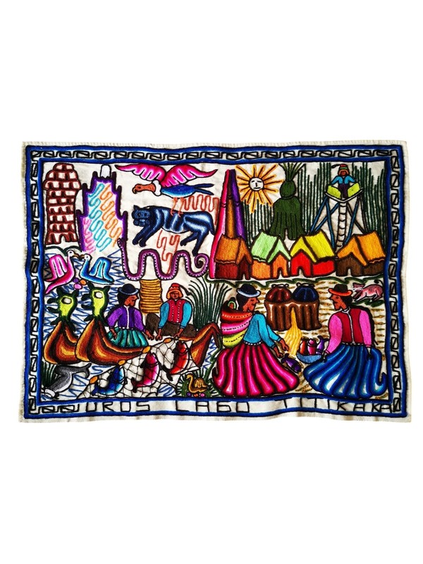 Vintage Peruvian Hand Woven Embroidery Uros Lago Titicaca Wall Hanging Art