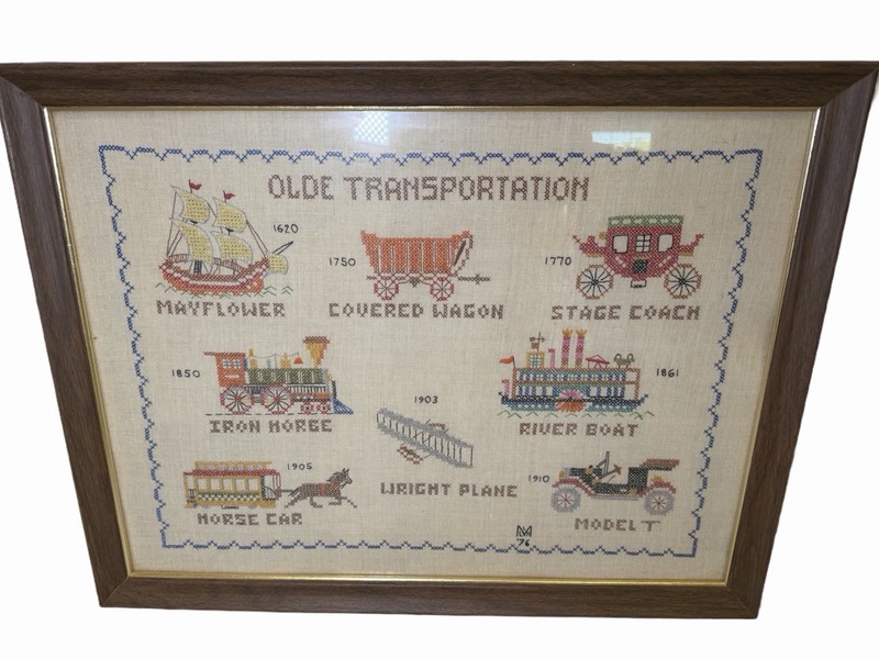VTG 1976 Embroidered Old Transportation Picture Framed Boats Trains Cars Horses