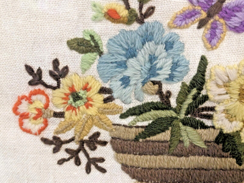VTG Floral Colorful handmade Bouquet Basket Textile Art Crewel Framed 17 X 12 gallery