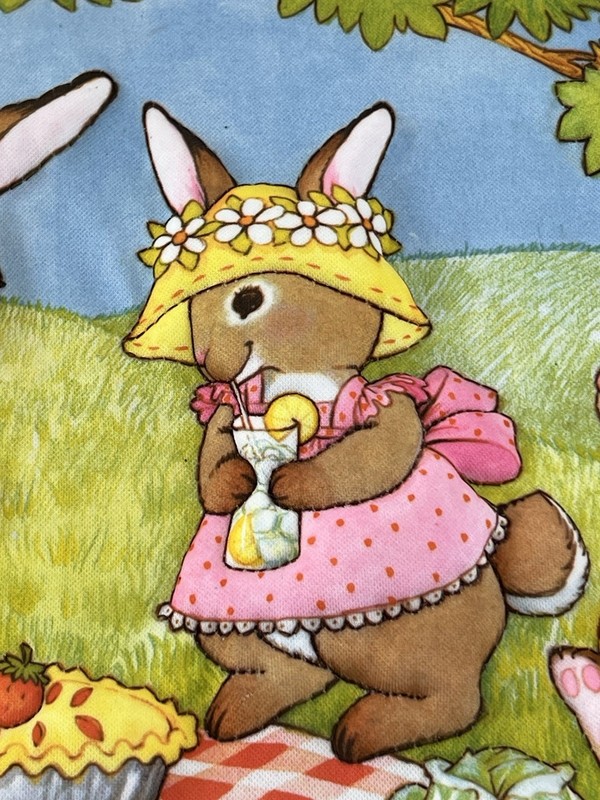 Vintage 3 -D Hand quilted Framed Bunny Family Picnic At The Pond 25” x19” gallery