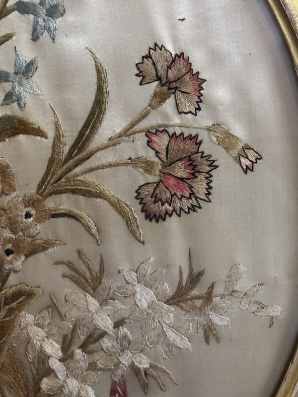 Antique Circa 1800 Silk Floral Embroidery in Water Gilt Frame gallery