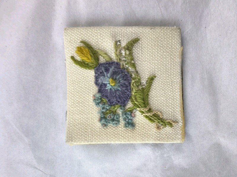 Vintage 1974 Miniature Embroidery Floral Wall Art Wood Unframe Folk Art
