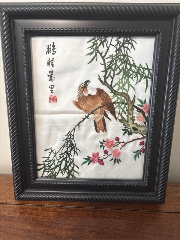 Asian Hawk Birds Silk Embroidery Framed Picture Floral Design