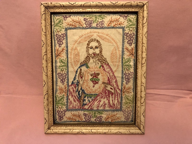 Framed Wall Hanging Folk Art Embroidery of Jesus