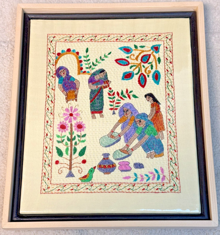 Framed Hand Embroidered Textile Art Wall Hanging Folk Village Scene