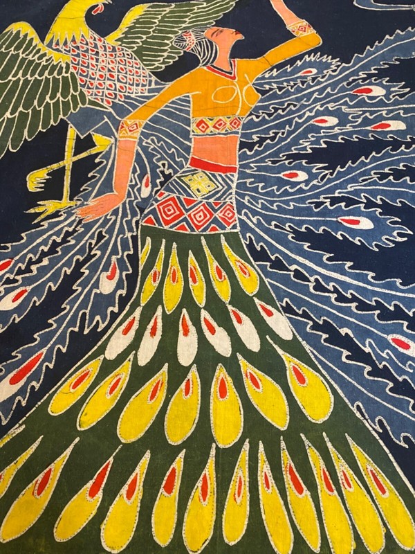 Vintage Peacock Birds Goddess Batik Fabric Art 33.5“ x 35” gallery