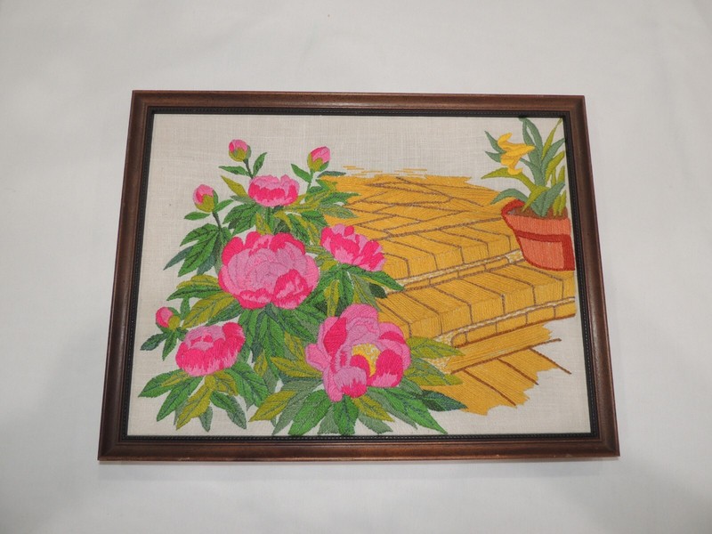 Vintage French? Embroidery Landscape Wall Art Flower Framed 17"X 13" gallery