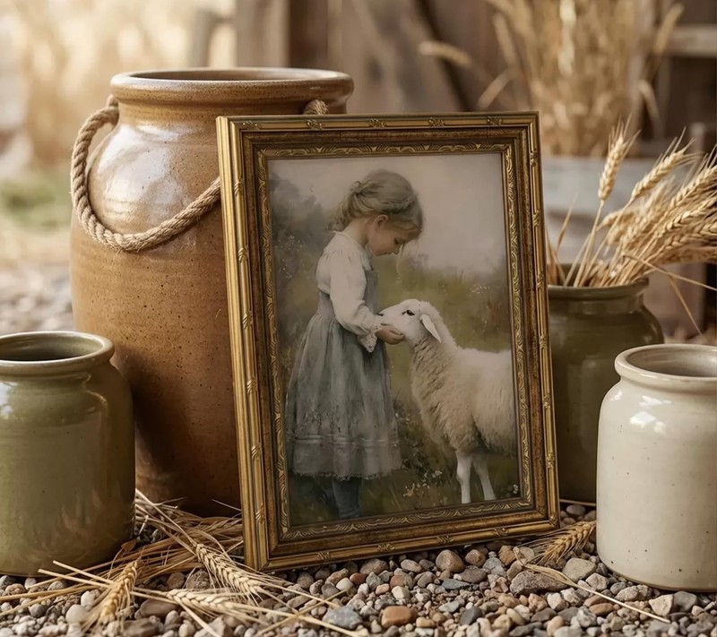 Gold Framed Vintage Aesthetic Girl With Sheep Wall Art Rustic Farmhouse Print... gallery