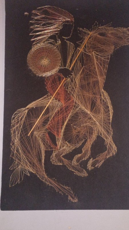 String Art Textile Artwork Horse and Warrior Folk Art Gold Red Threads Unframed gallery