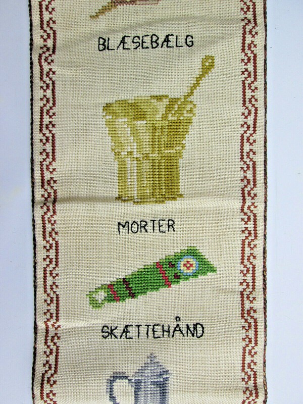 Vintage 1966 Danish Cross Stitch with Brass Ends Folkart Wall Hanging 45½ x 5¾ gallery