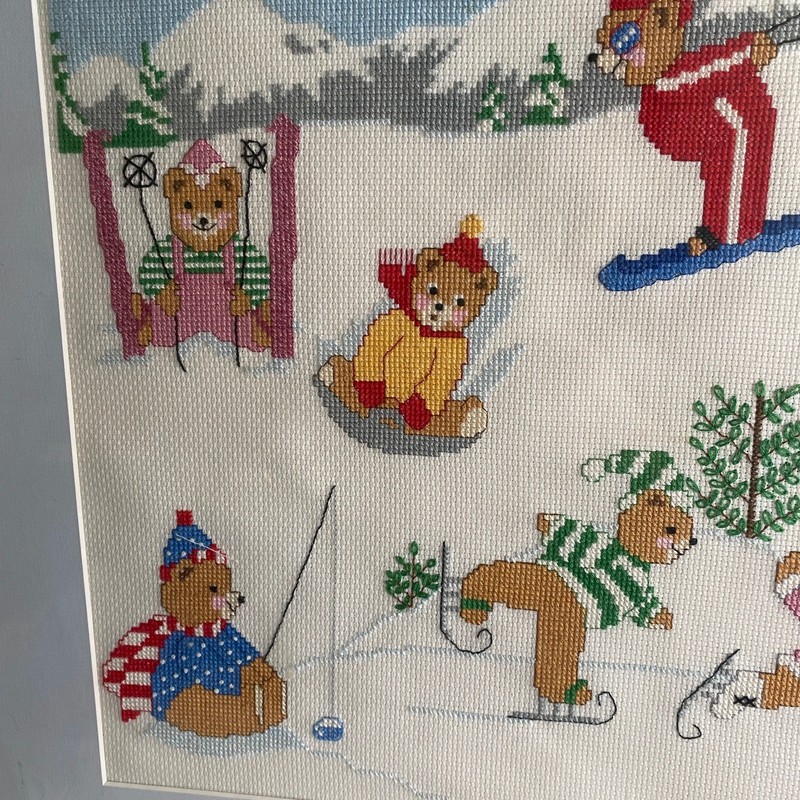Vintage 1980s Cross Stitch Teddy Bear Christmas Winter Scene Framed Art gallery