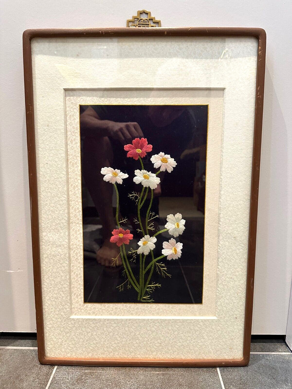 Vintage Handmade Asian Silk Thread Embroidery Framed Floral Art