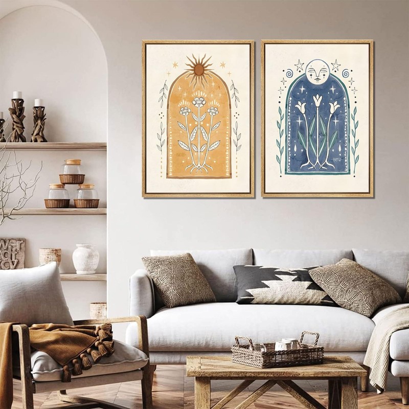2Pcs Vintage Boho Sun and Moon Canvas Wall Art Sunflowers Pictures Spiritual ... gallery