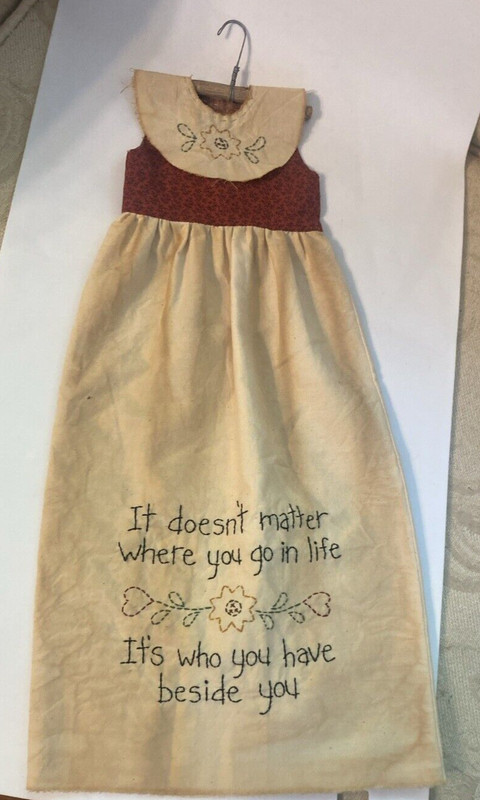 Vintage 1950’s FABRIC ART Wall Hanging EMBROIDERED Dress on Hanger Kitch Decor