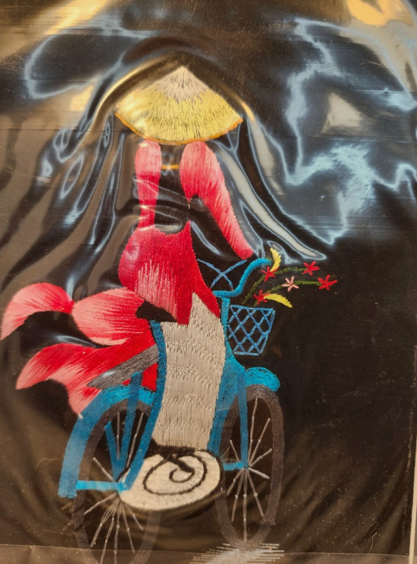 Asian Lady on Bicycle Silk Embroidery Textile Art Framed Floral Hat Gift Decor gallery