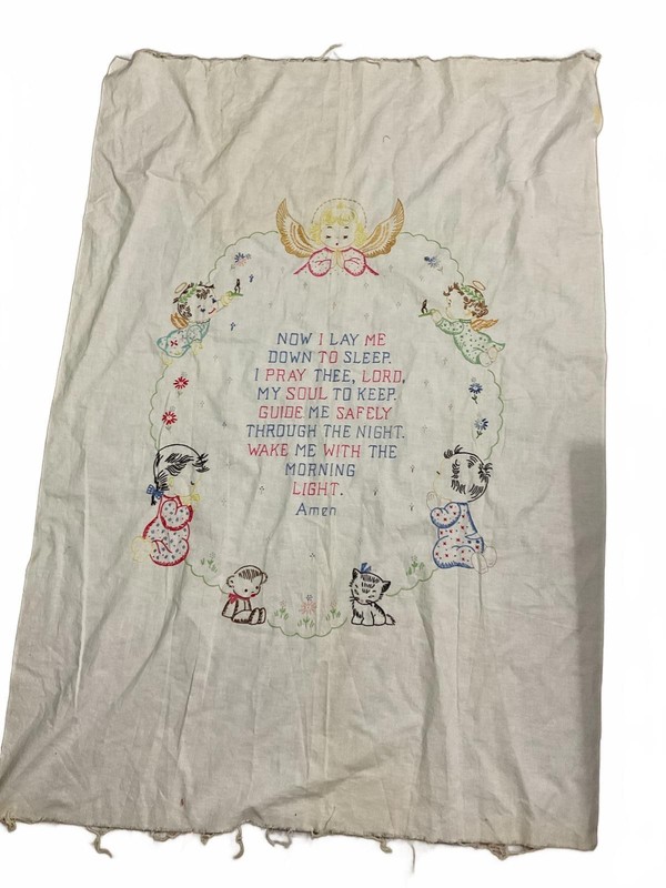Vintage Embroidered Evening Prayer Unfinished Linen Wall Hanging 47” x 35”