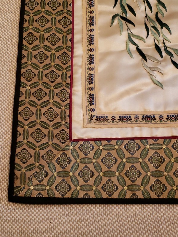 Chinese Silk Rayon Embroidered Tapestry Art Tan Bird Leaves gallery
