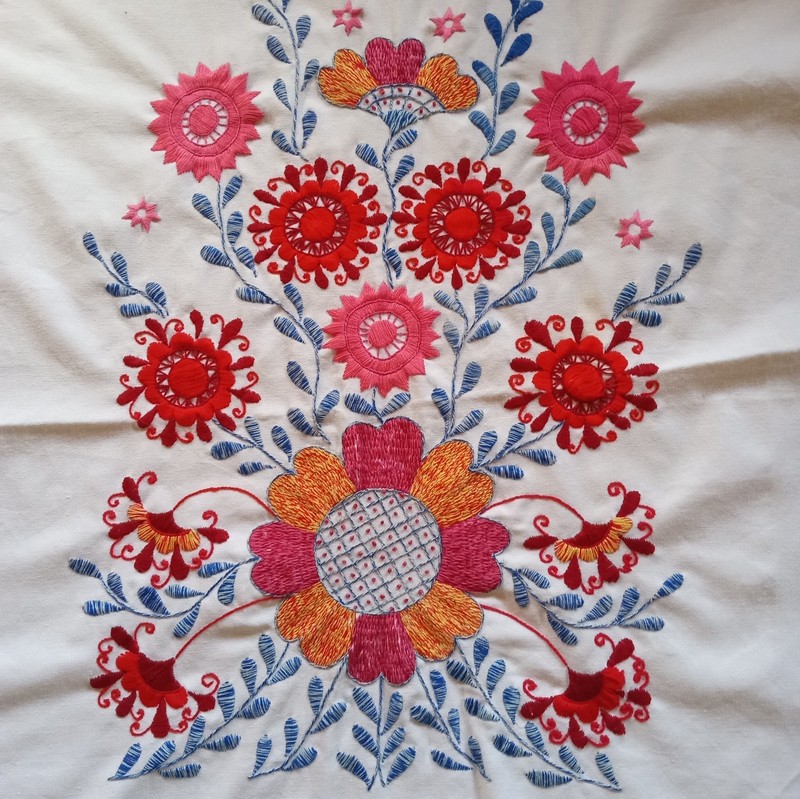 Vintage Hand Embroidered Folk Art for Framing or Pillow, circa 1974