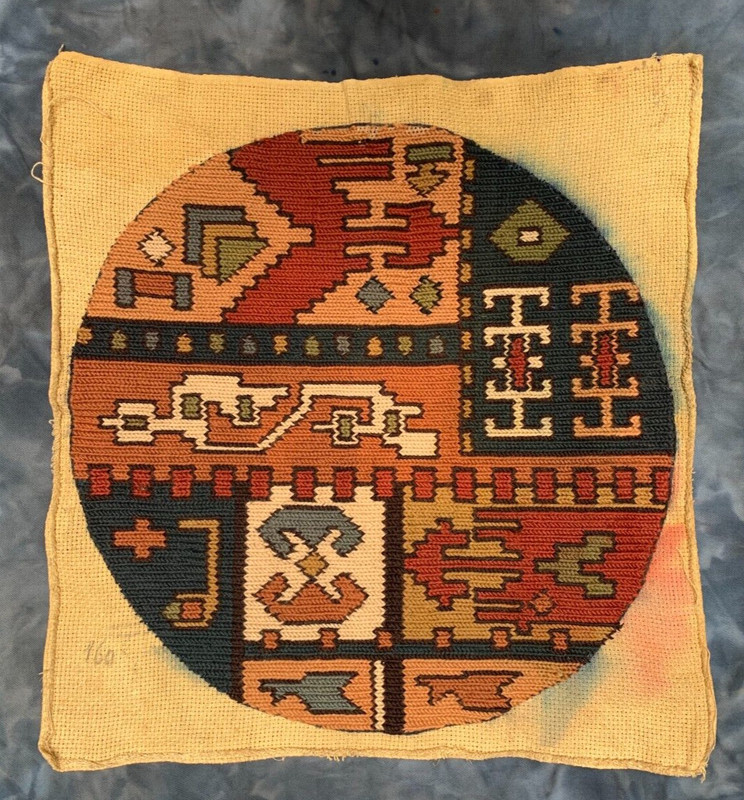 Found Vintage Tapestry Needlepoint handmade Gobelin Textile 20×18 Circle Pattern