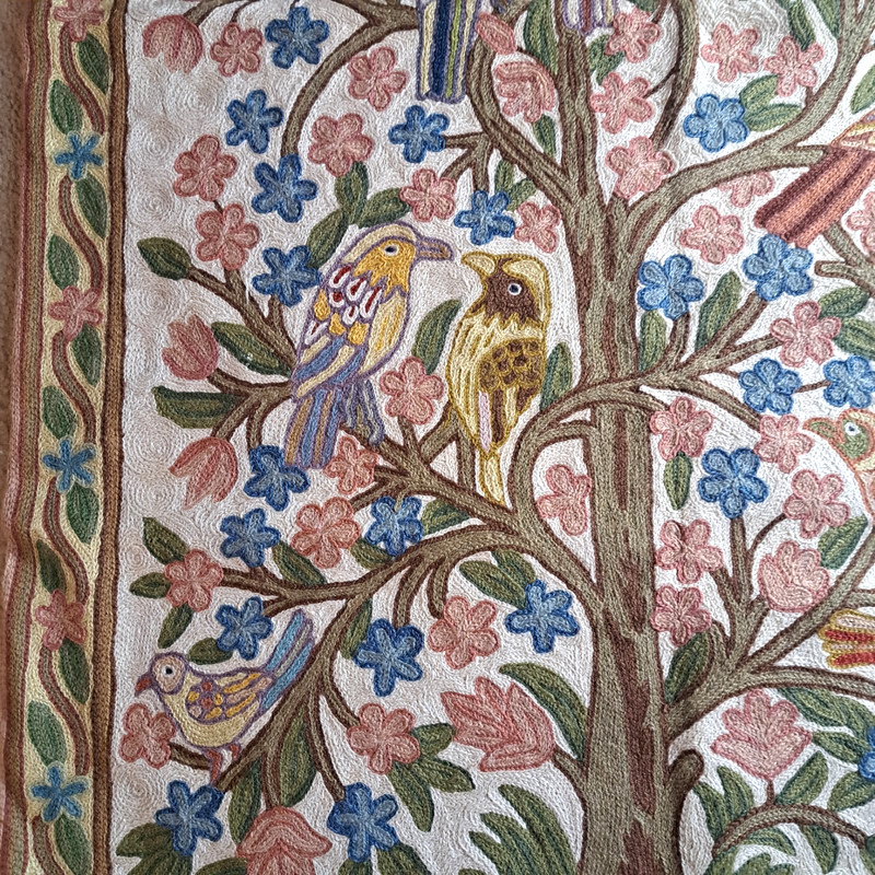 Vintage Kashmir Chain Stitch Tree Of Life Wool Crewel 48" x 30" Rug Wall Hanging gallery