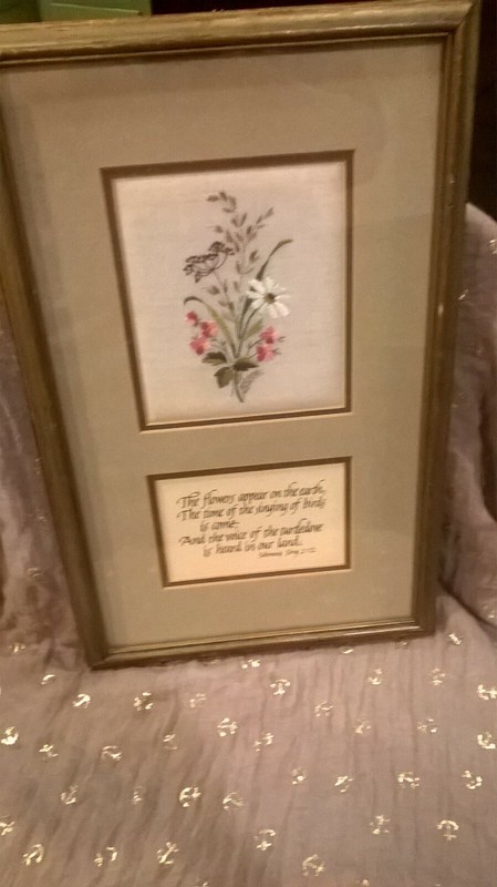 Vtg Hand Embroidered In Switzerland Floral Design Framed Artwork W/Scripture