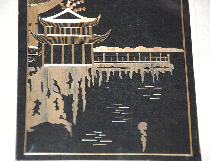 CHINESE STRAW PATCHWORK Bamboo Leaf Rice Asian Linen Fabric Folk Art 1940's Old gallery