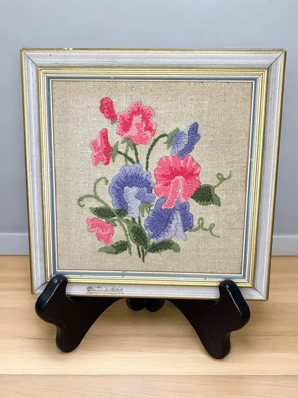 Crewel Embroidered Flower Framed Art 8 & 3/8” Square Vintage Cottage Floral