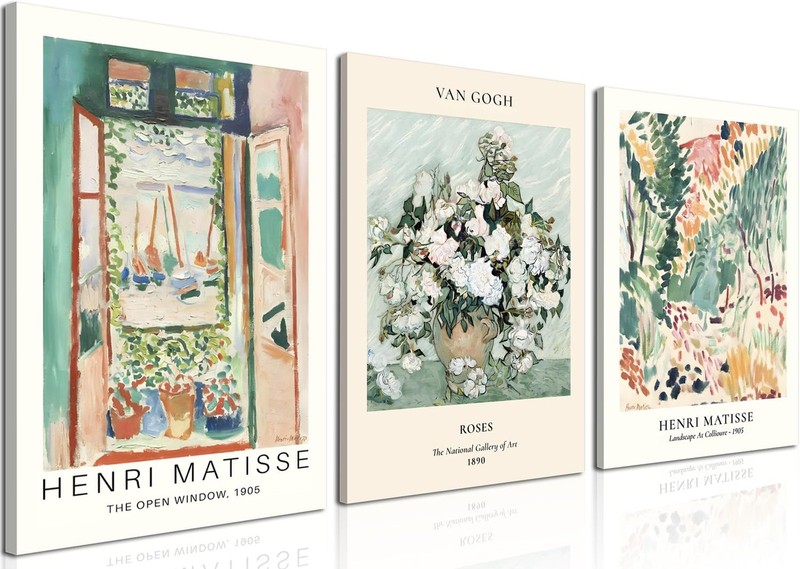 Framed Green Vintage Canvas Wall Art Set of 3 - Van Gogh Abstract Rose Pictur...