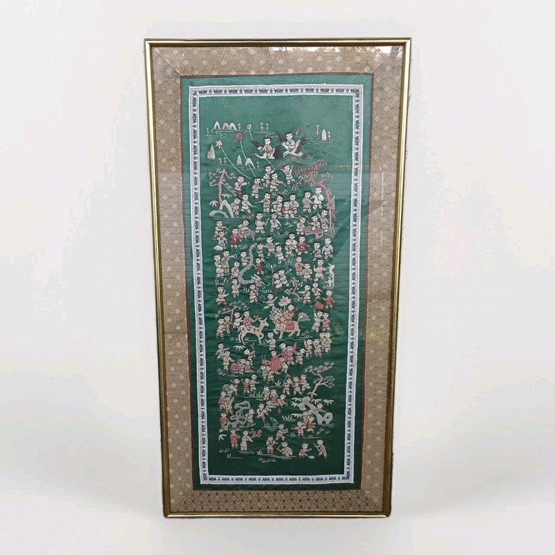 Vintage Asian Silk Intricate Embroidered In Metal Frame 26″ X 13″ Green Gold