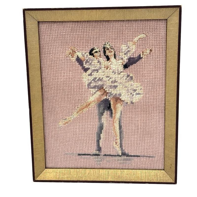 VTG Framed Petit Point Ballet Dancers Needlepoint Pink 9x11 Wall Art Embroidery