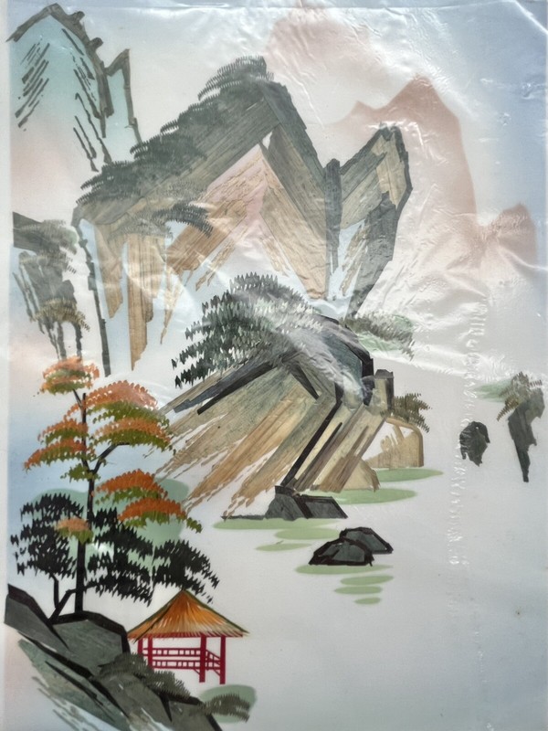 3 VTG Hand Cut & Dyed Wheat Stalk on Silk Art Pictures Geisha Crane Landscapes gallery