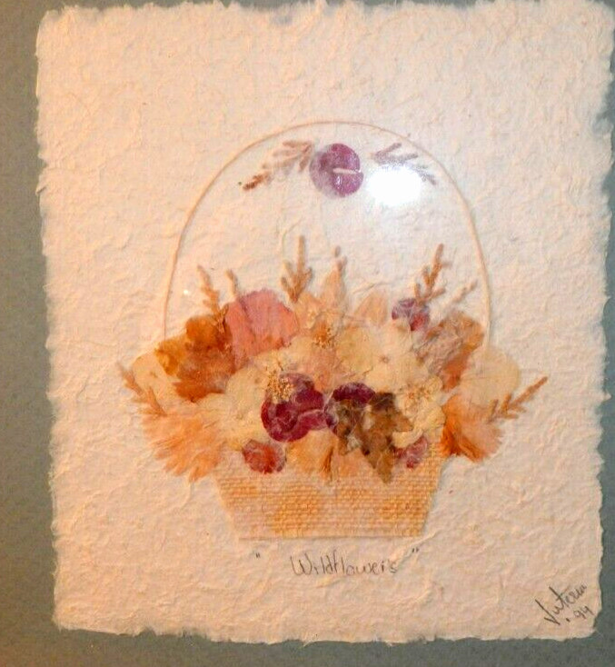 Framed TORN PAPER ART – SIGNED by artist – BEAUTIFUL ART WORK Wild Flower 2 pc