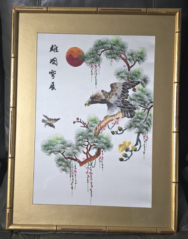 Vintage Signed Chinese Embroidery Silk Eagle on Blossoms Branch Sun See pics.