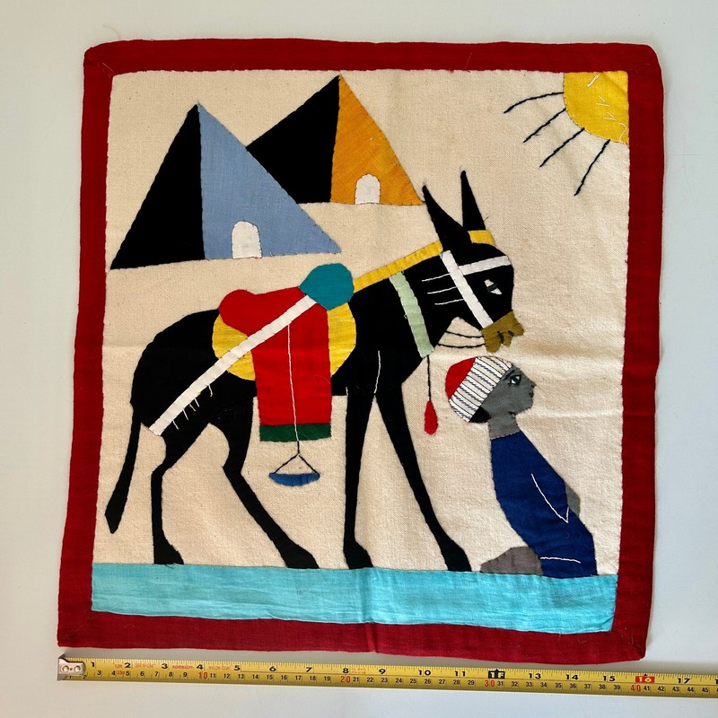 Vtg Khayamiya Egyptian Wall Hanging Hand Sewn Applique Textile Art Donkey Tents gallery