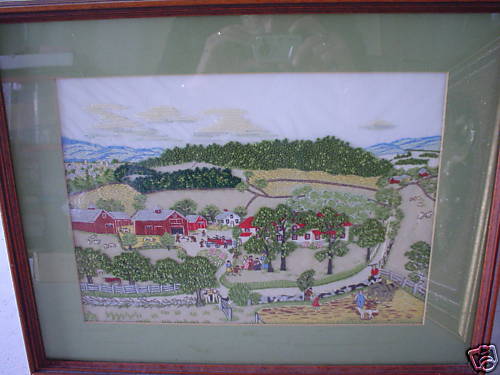 Vintage Folk Art Textile Needlecraft Amish Farm and House Framed