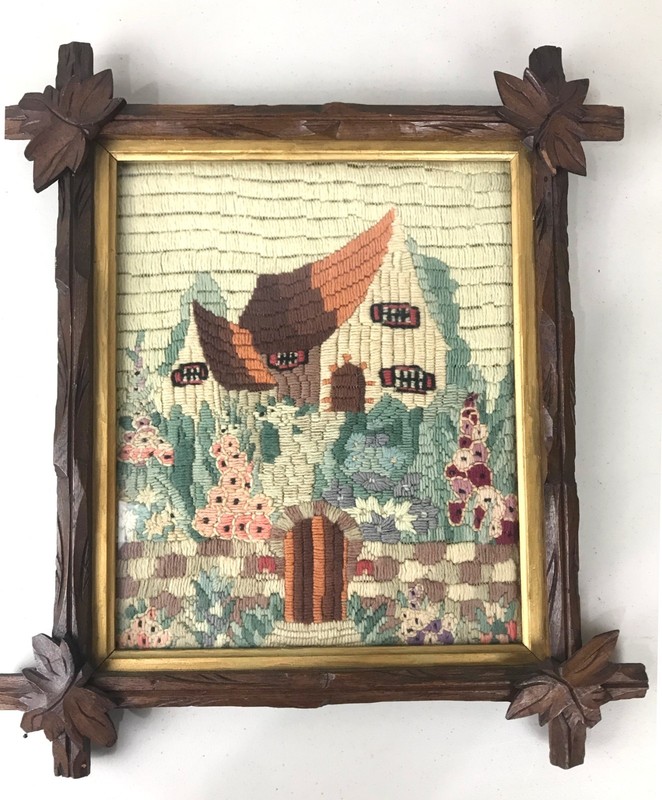 1910 Crewel Embroidery Framed Cottage Garden Scene Folk Art INSCRIBED Primitive