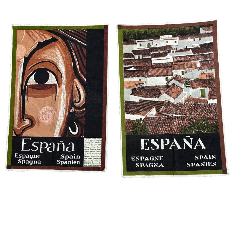 VTG Espana Fabric Wall Hanging Pair Face & Buildings 19×20 in each Travel Art