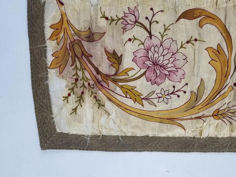 Antique French Hand Embroidered Floral Panel with Metallic Lace 118x26cm gallery