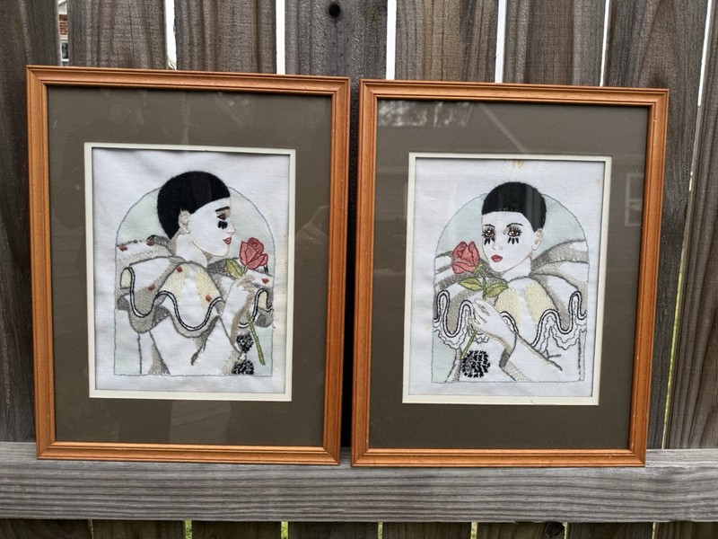 1980s Framed Embroidered Pierrot & Pirouette Portrait Crewel Art Set Of 2
