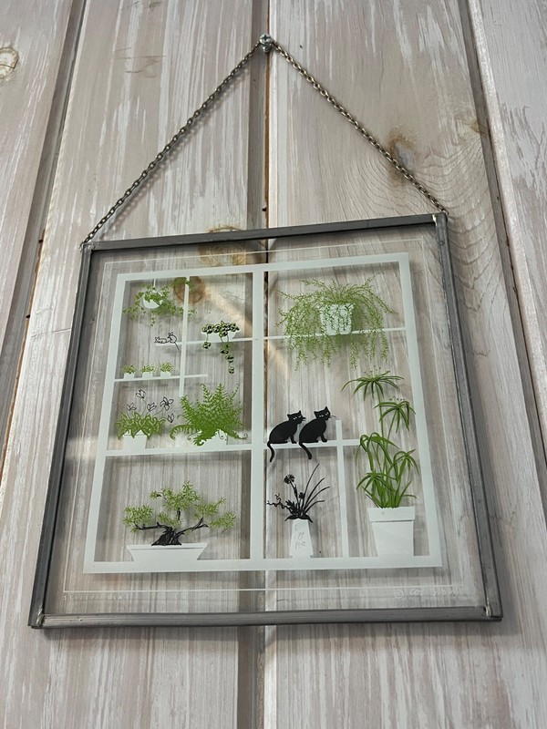 Decorative Art wall hanging framed glass panel w/ potted plants cats & mice 8” gallery