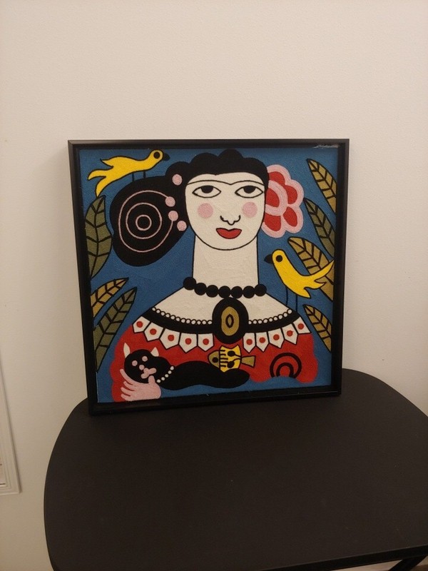 Frida Kahlo inspired Fiber Knit Wall Art Hispanic Chain Stitch crewel 18.5” gallery